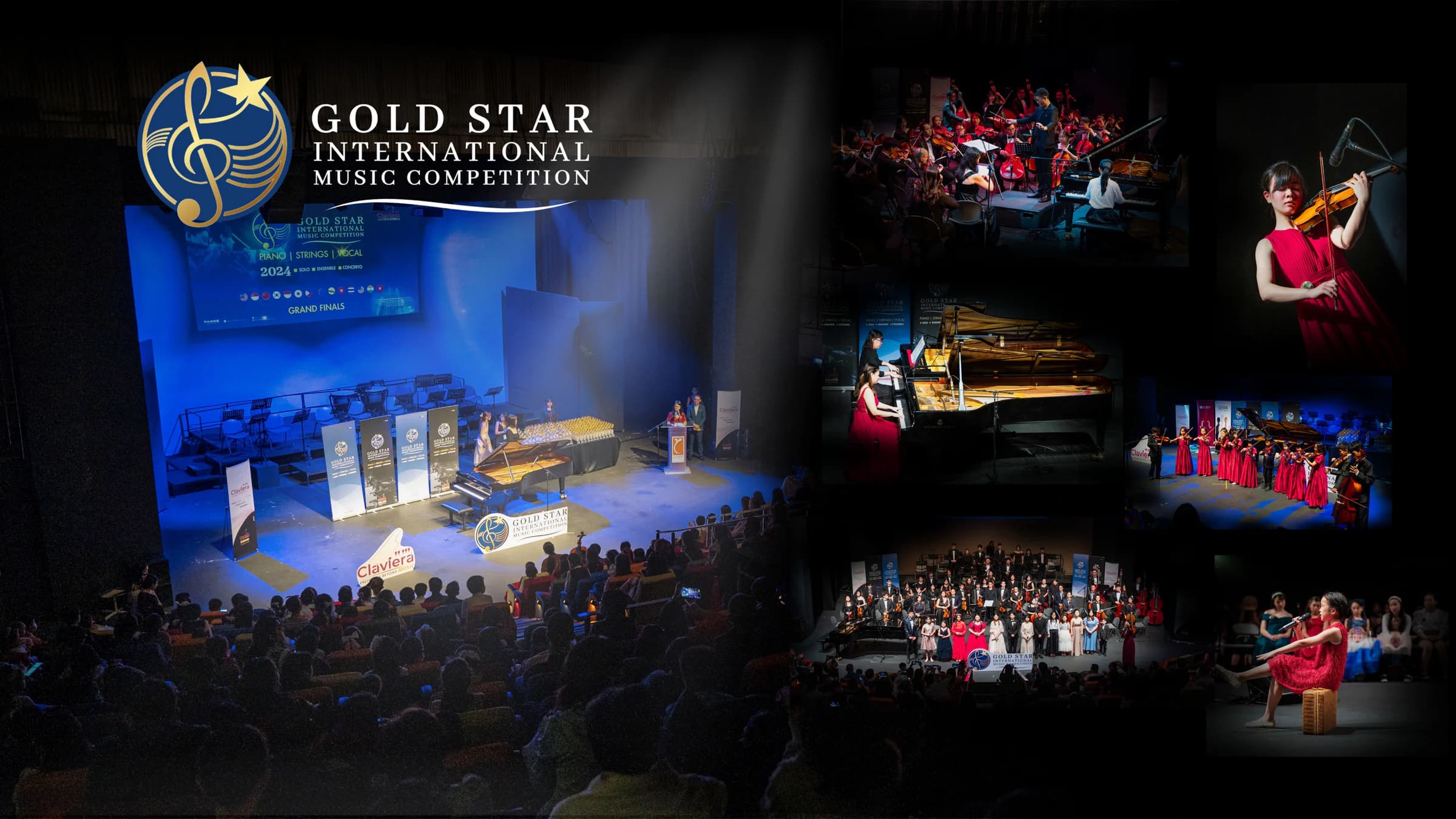 A montage of the 2024 Gold Star International Music Competition Grand Finals showing the auditorium, soloists, ensembles, orchestra and audience