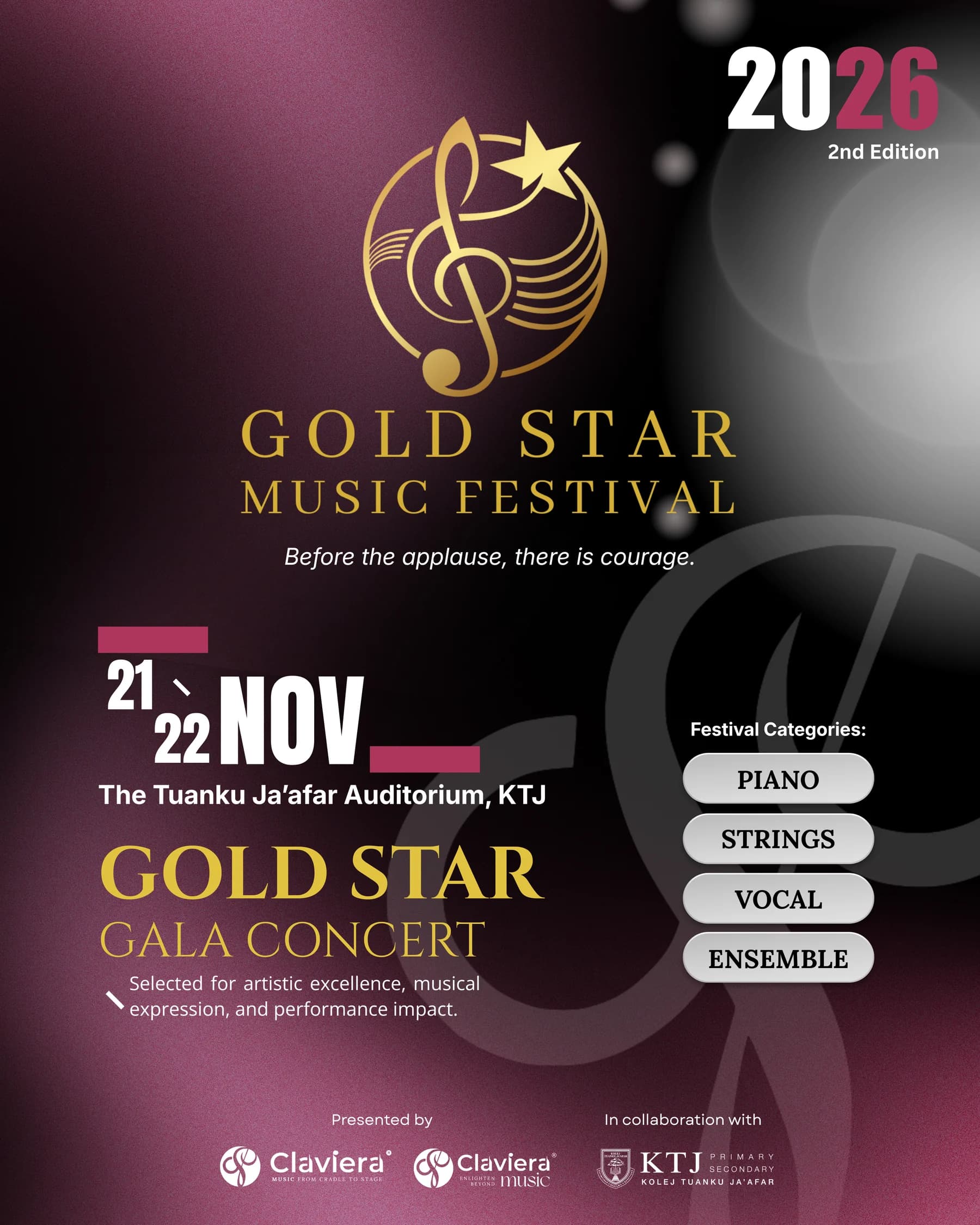 Official Gold Star Music Festival 2026 poster with dates, venue, categories and Gala Concert details.